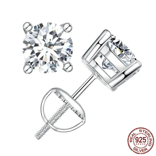 A pair of brilliant round-cut Moissanite stud earrings with secure threaded screw backs, showcasing the sparkling D color VVS1 stones and the 925 sterling silver setting for maximum brilliance and security.