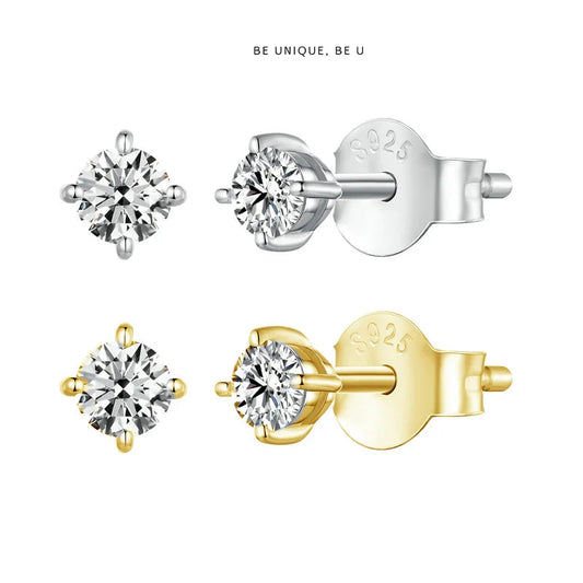 Two pairs of sparkling Nayla Moissanite 4-prong stud earrings, one in brilliant silver tone and the other in luxurious gold tone, showcasing their dazzling D Color VVS1 Hearts & Arrows Moissanite stones and secure post backs.