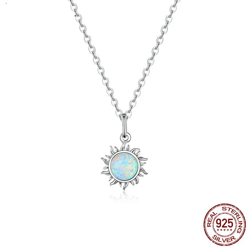White opal sun pendant necklace in platinum-plated 925 sterling silver, 45 cm adjustable chain on white background — OmniVivo