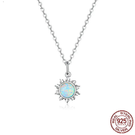 White opal sun pendant necklace in platinum-plated 925 sterling silver, 45 cm adjustable chain on white background — OmniVivo