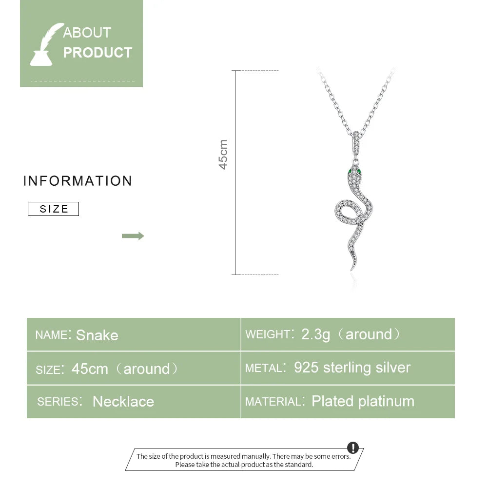 Size chart for 925 sterling silver snake pendant necklace with pavé CZ, platinum/rhodium finish, adjustable 45 cm link chain, weight ≈2.3 g — OmniVivo