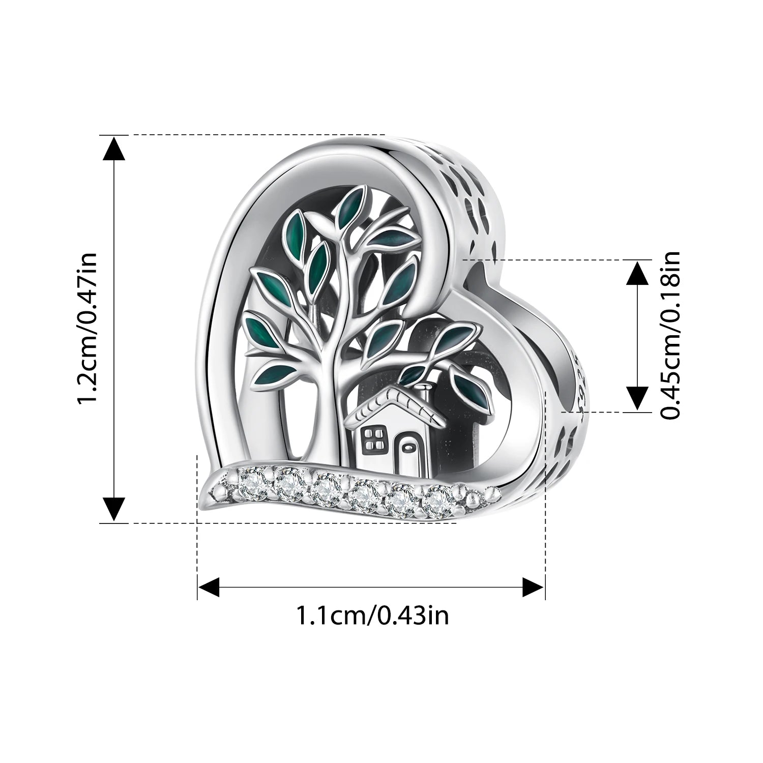 Size guide showing dimensions of Tree of Life heart charm in 925 sterling silver, with measurements displayed on white background — OmniVivo
