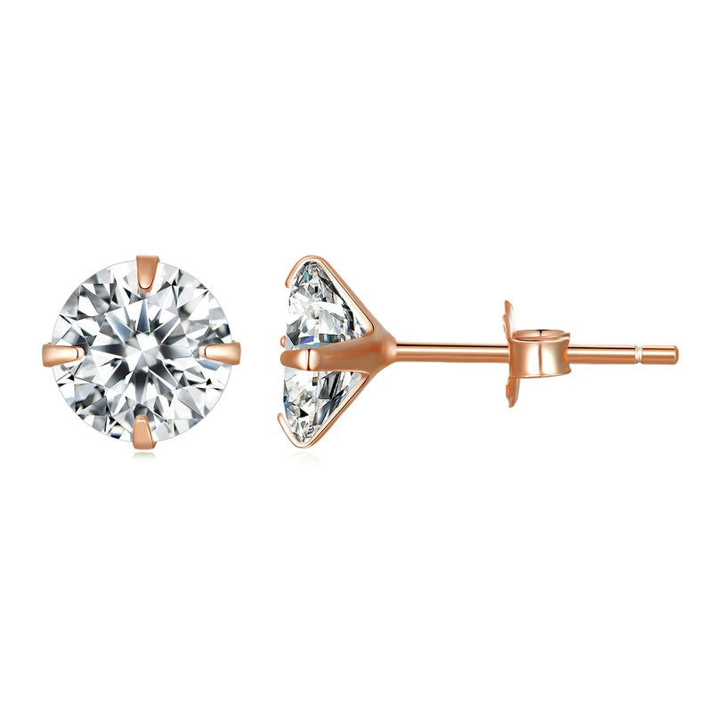Rose gold plated 925 sterling silver CZ stud earrings shown front and side view on a white background, round cut stone, polished hypoallergenic finish — OmniVivo