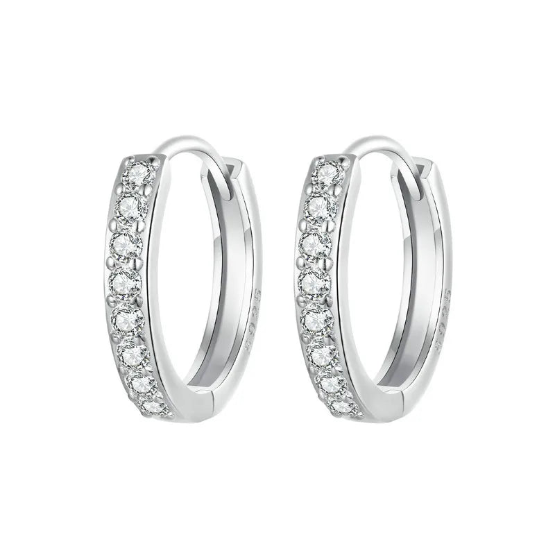 Pair of 925 sterling silver hoop earrings, gold plated, with round cubic zirconia accents, displayed on a white background – OmniVivo