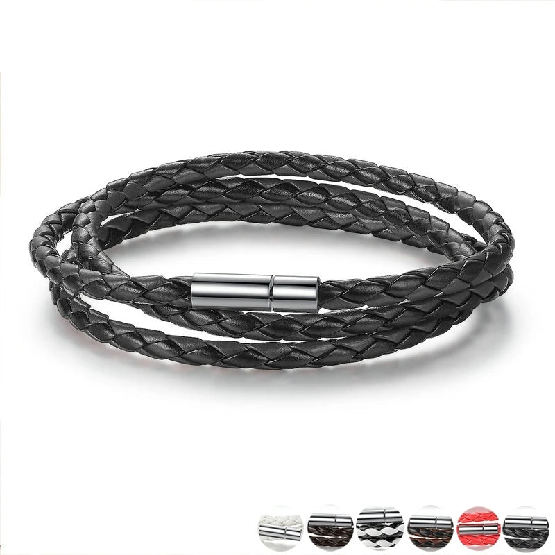 Black braided PU leather multi-layer wrap bracelet with secure magnetic clasp, 60 cm adjustable wrap — OmniVivo