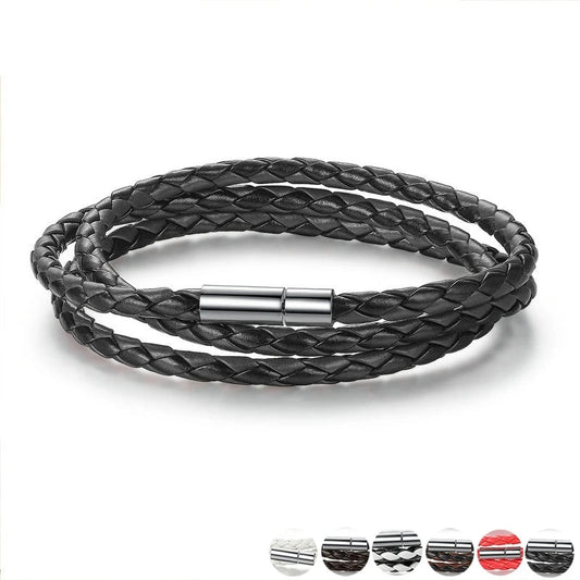 Black braided PU leather multi-layer wrap bracelet with secure magnetic clasp, 60 cm adjustable wrap — OmniVivo