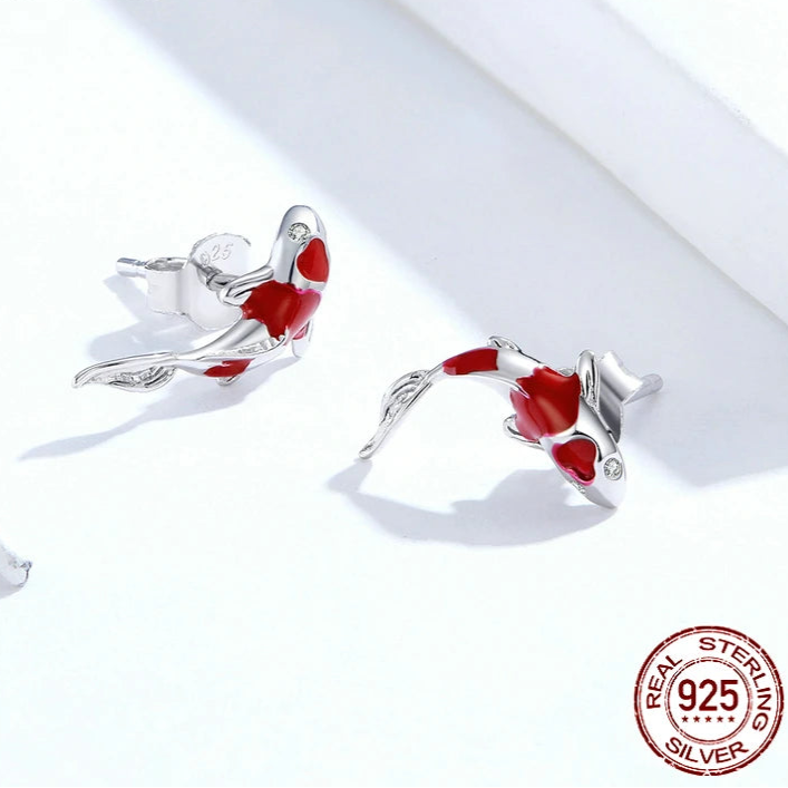 Guardian lucky fish stud earrings in 925 sterling silver with red enamel detailing, symbolic animal design, hypoallergenic and gift-ready — OmniVivo