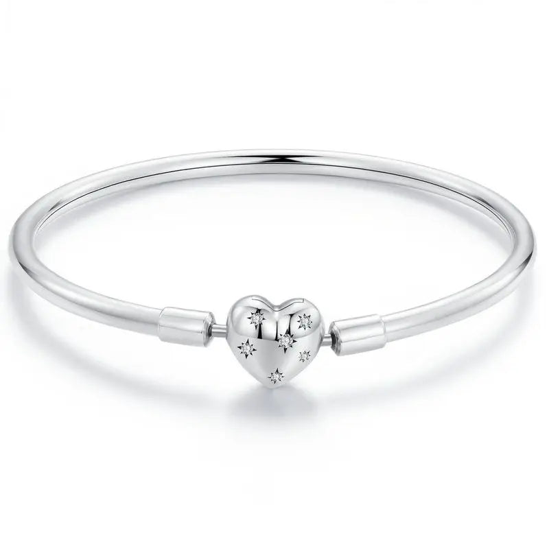 Charm Bangle Bracelet | 925 Sterling Silver, Heart/Shell Clasp