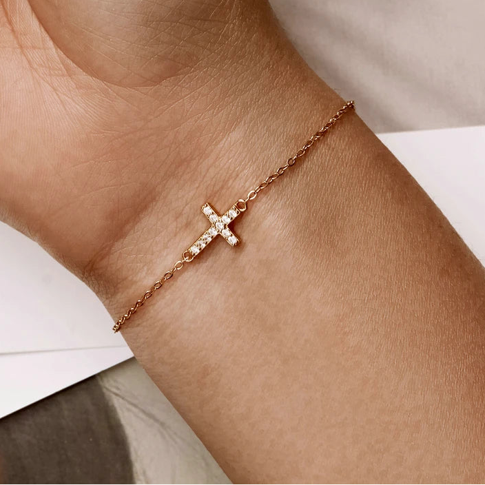 Adjustable Cross Bracelet | 925 Sterling Silver, 14K Gold Plated, Zircon