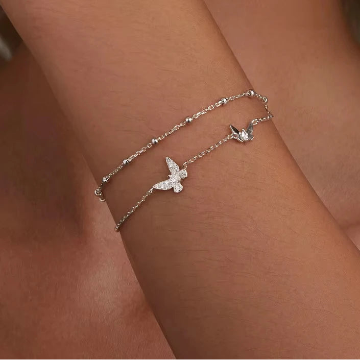 Double-Layer Butterfly Bracelet | 925 Silver, CZ, Adjustable