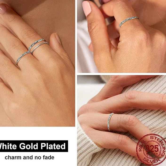 Vintage Embossed Vine Band Ring | 925 Sterling Silver, Stackable Iris Pattern
