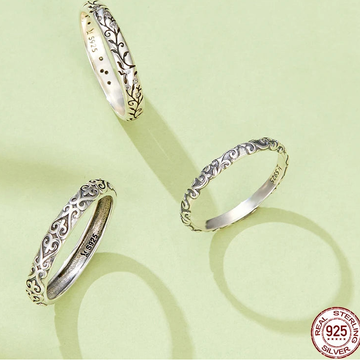 Vintage Embossed Vine Band Ring | 925 Sterling Silver, Stackable Iris Pattern