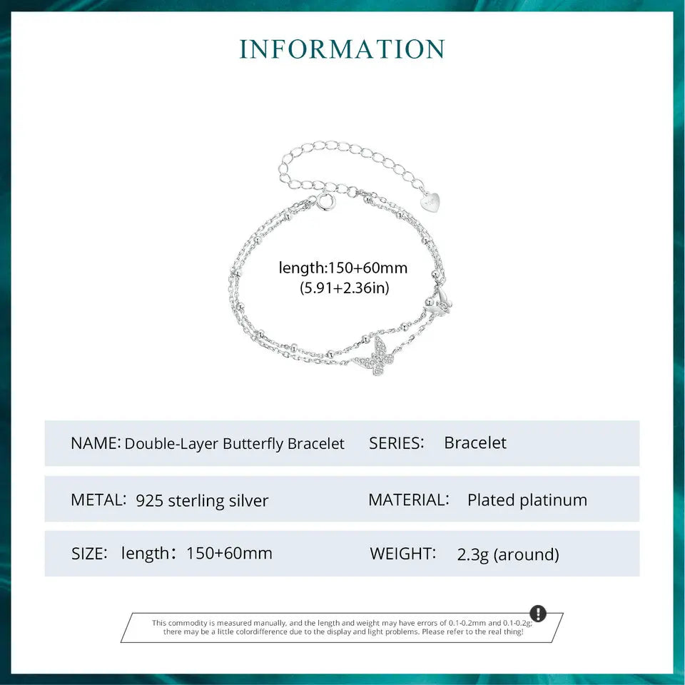 Double-Layer Butterfly Bracelet | 925 Silver, CZ, Adjustable