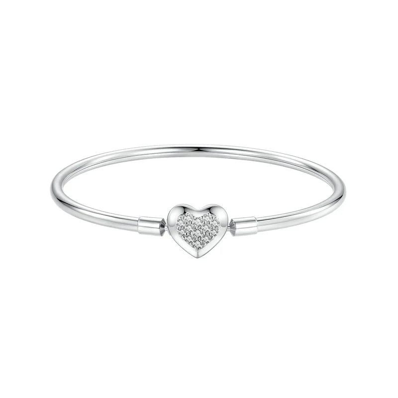 Charm Bangle Bracelet | 925 Sterling Silver, Heart/Shell Clasp