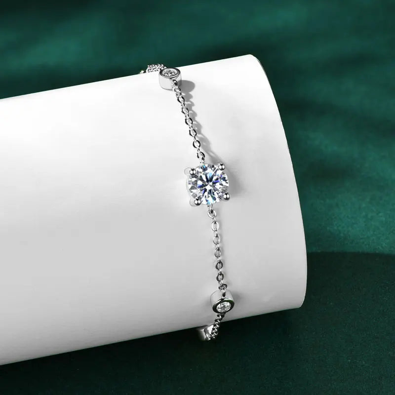 Moissanite Bracelet | 925 Sterling Silver, 6.5 mm + 2.5 mm Stones, Adjustable 21.5 cm (GIC Certified)