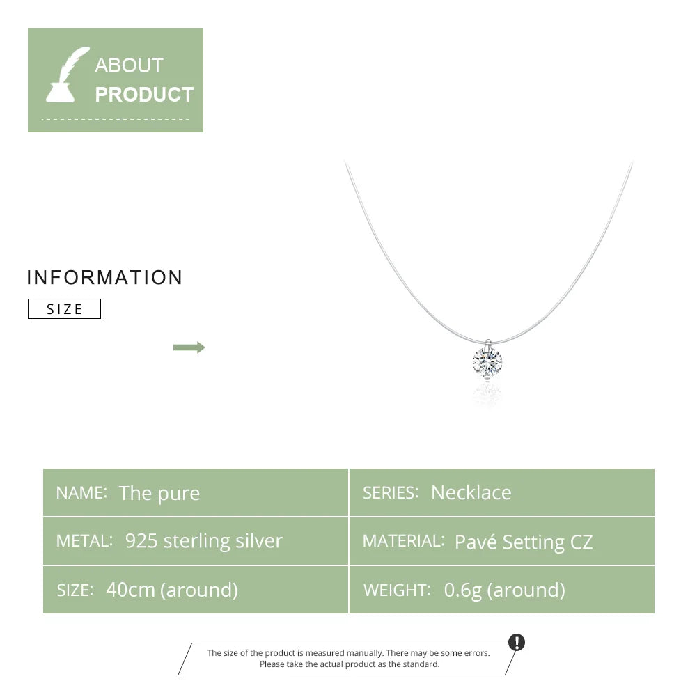 Invisible Chain Necklace | 925 Sterling Silver, Zircon Pendant