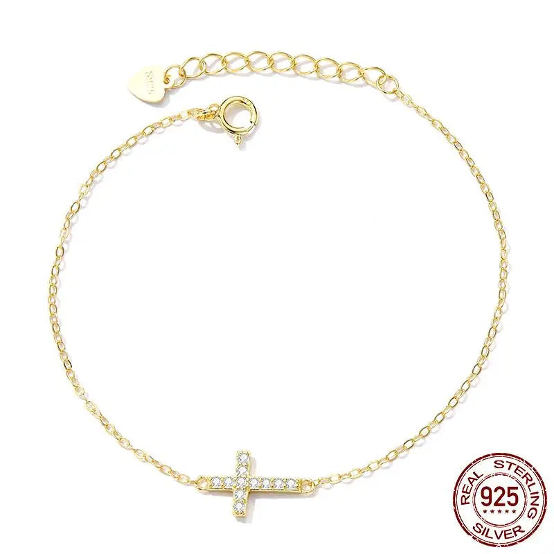 Adjustable Cross Bracelet | 925 Sterling Silver, 14K Gold Plated, Zircon