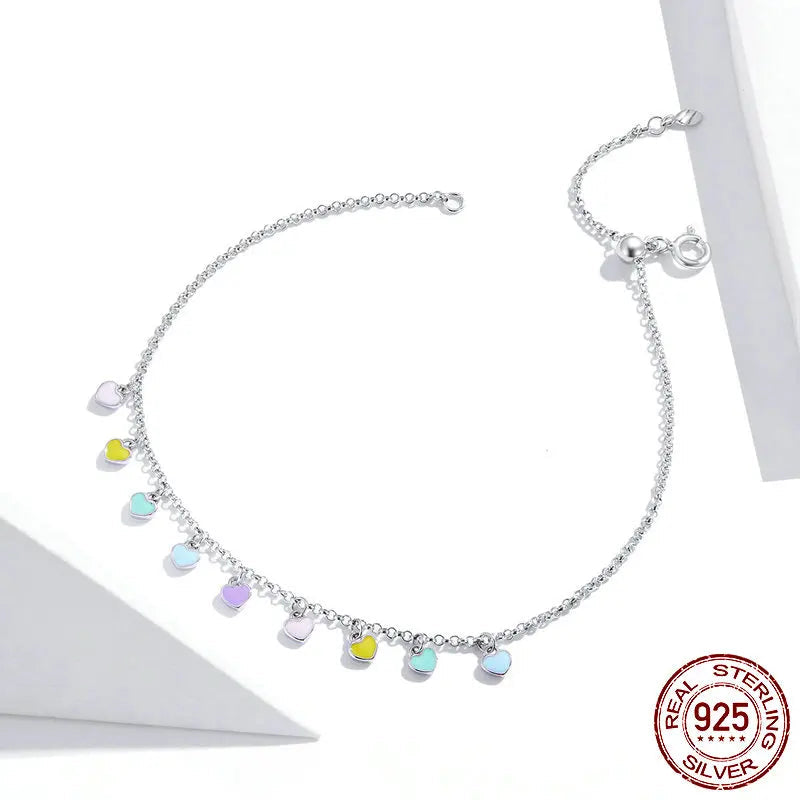 Adjustable 925 sterling silver anklet with colorful enamel charms on white background, 19–25 cm