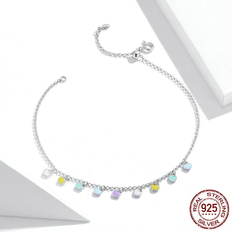 925 sterling silver anklet with colorful enamel charms and adjustable chain on white background, 19–25 cm