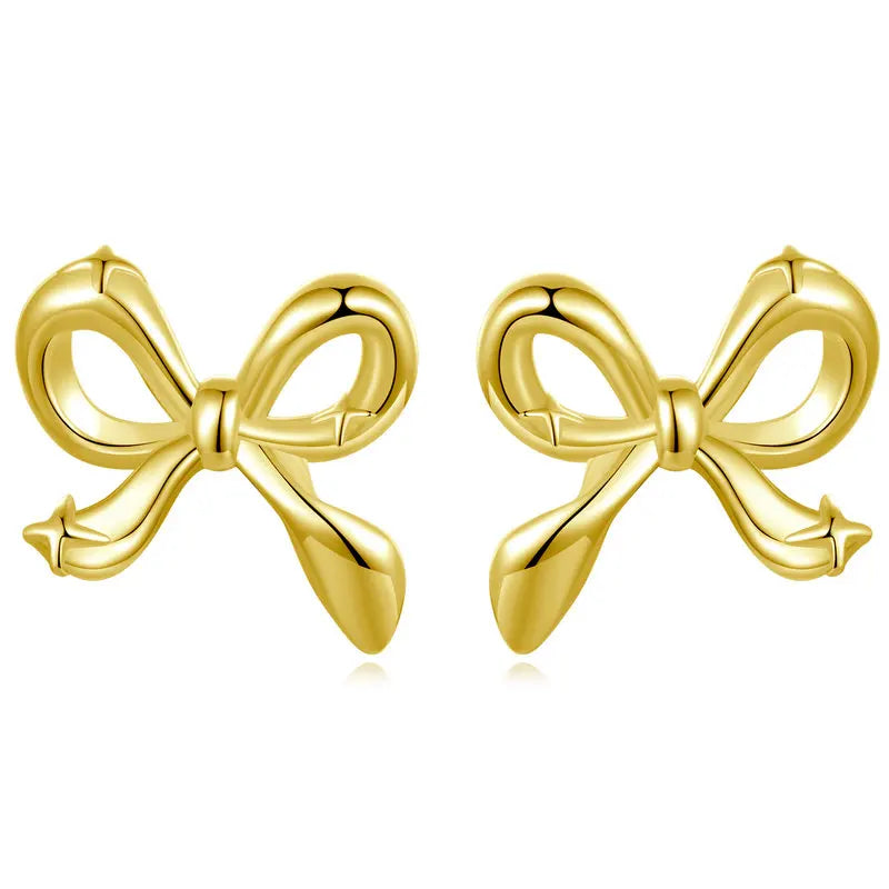 Gold bow-knot stud earrings, mini ribbon design on white background