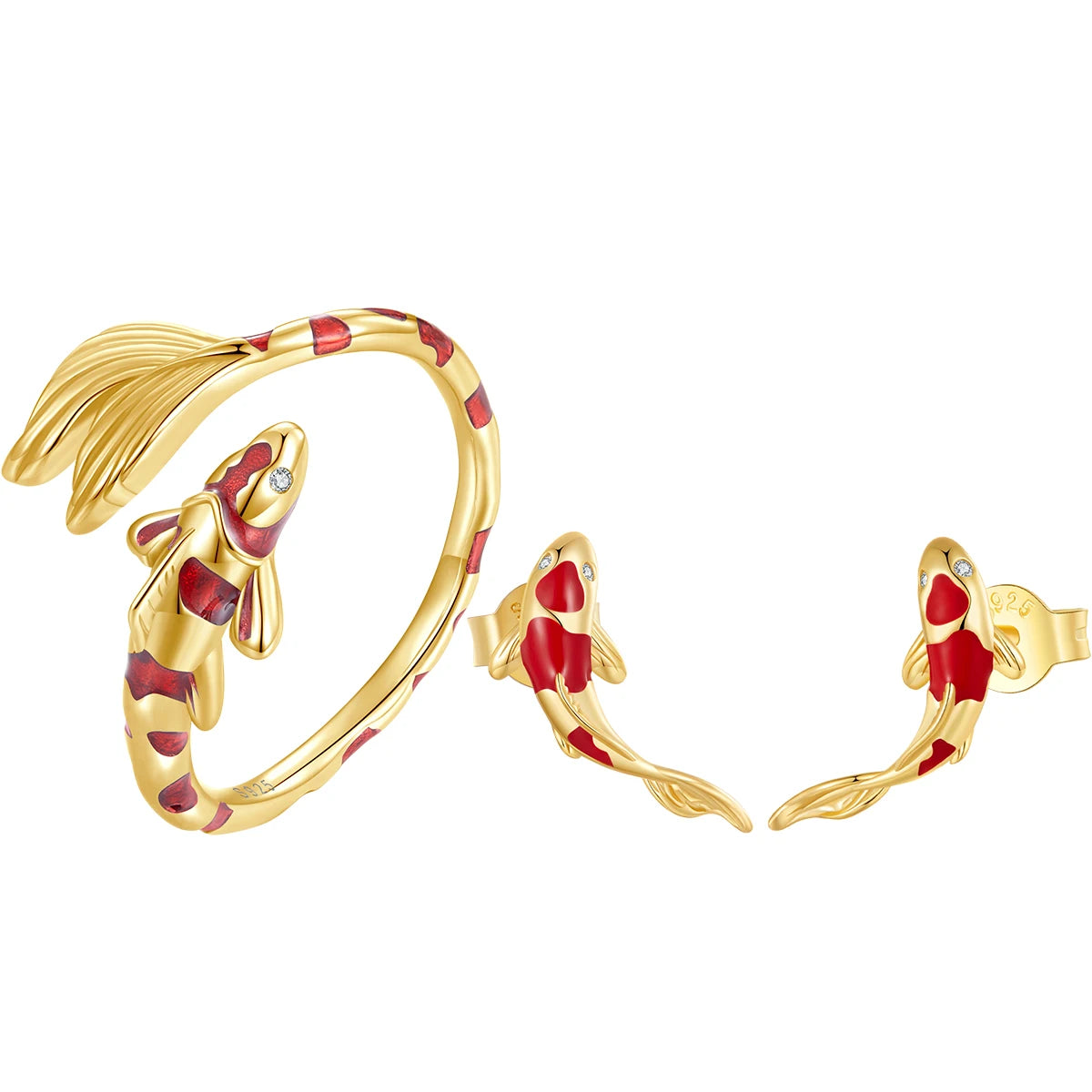 Guardian lucky fish earrings and ring set, gold-plated 925 sterling silver with red enamel, koi design on a white background — OmniVivo
