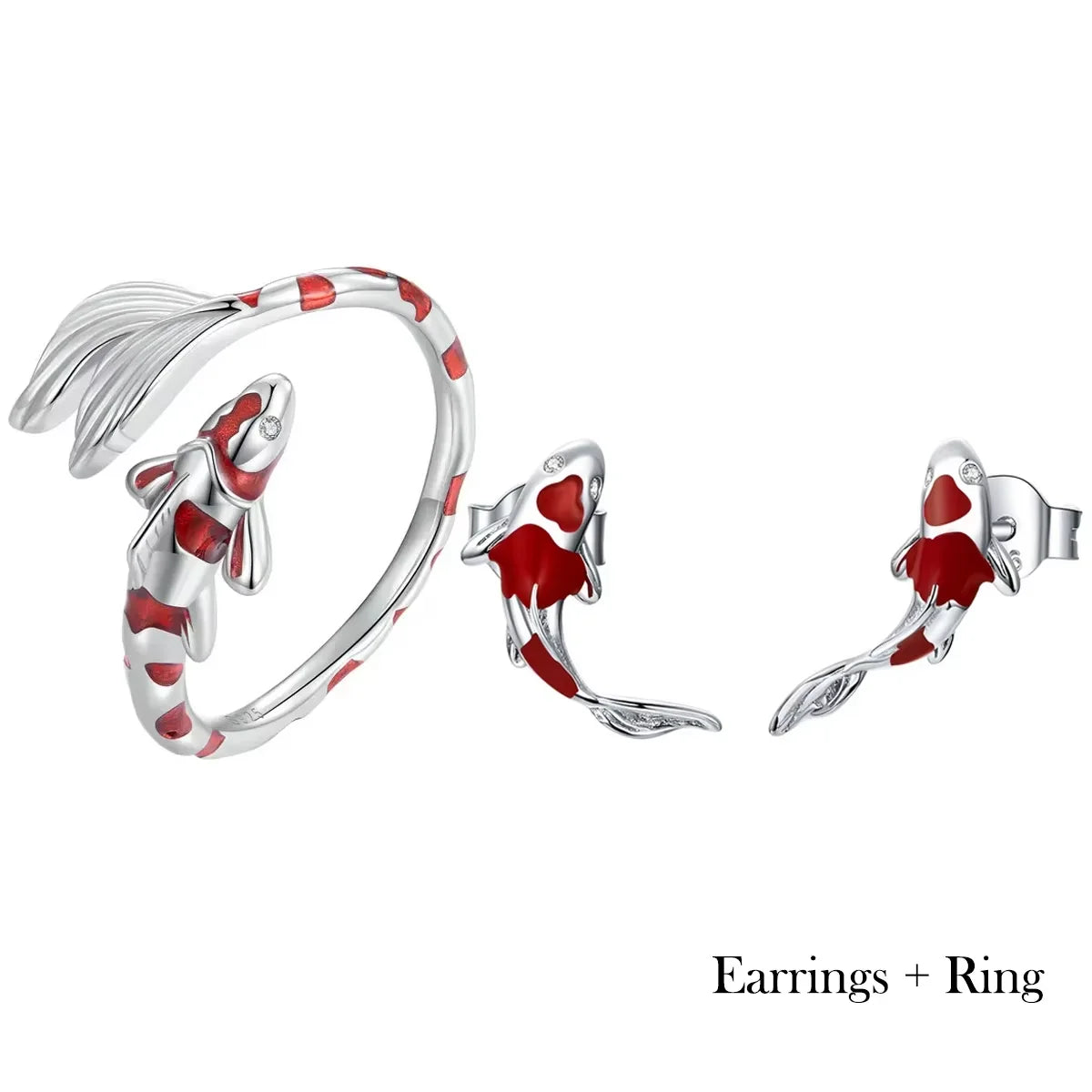 Guardian lucky fish earrings and ring set in 925 sterling silver with red enamel, symbolic koi design on a white background — OmniVivo