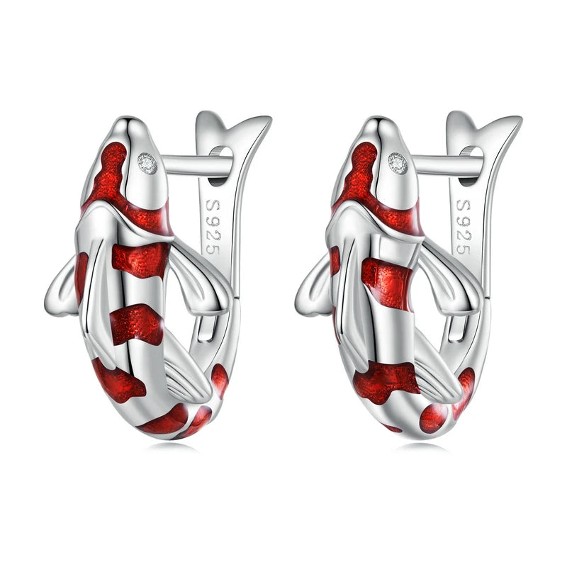 Guardian lucky fish hoop earrings in 925 sterling silver with red enamel, huggie design on a white background, hypoallergenic