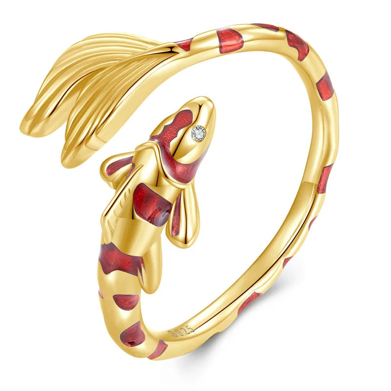 Guardian lucky fish adjustable ring, gold-plated 925 sterling silver with red enamel—open band koi design on a white background — OmniVivo