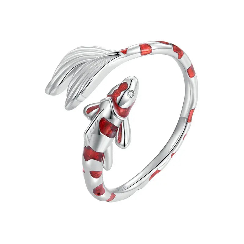 Guardian lucky fish adjustable ring in 925 sterling silver with red enamel—open band koi design on a white background — OmniVivo