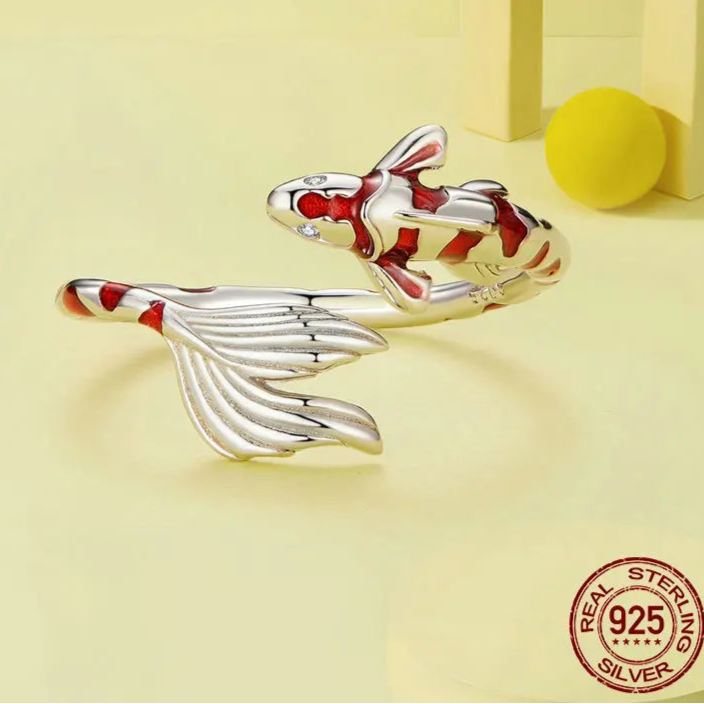 Guardian lucky fish adjustable ring in 925 sterling silver with red enamel—open band, symbolic koi design on a yellow background — OmniVivo