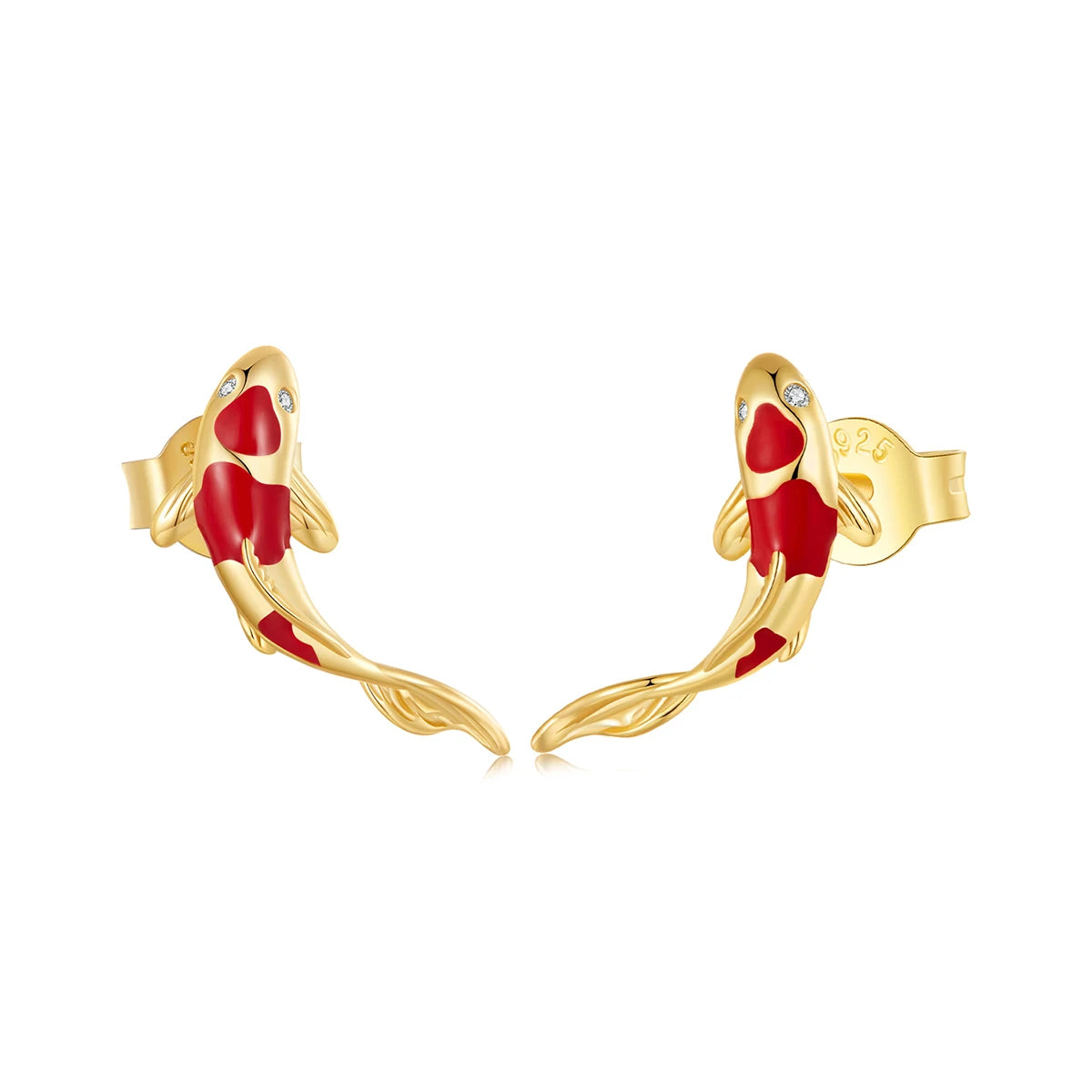 Guardian lucky fish stud earrings, gold-plated 925 sterling silver with red enamel accents and butterfly backs on a white background — OmniVivo
