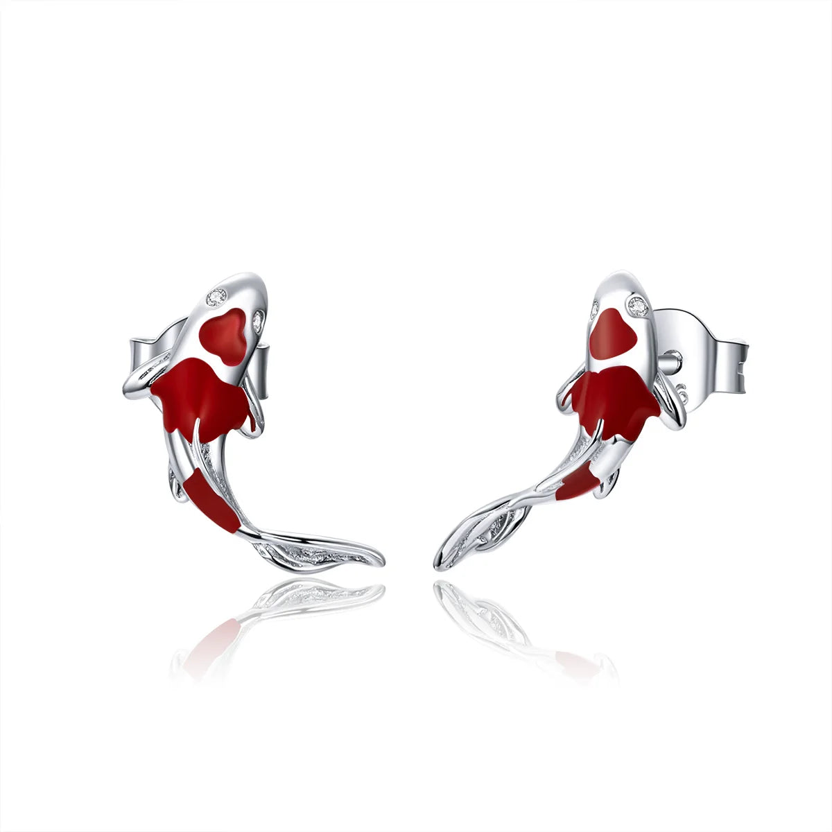 Guardian lucky fish stud earrings in 925 sterling silver with red enamel koi design and butterfly backs, hypoallergenic, on a white background — OmniVivo