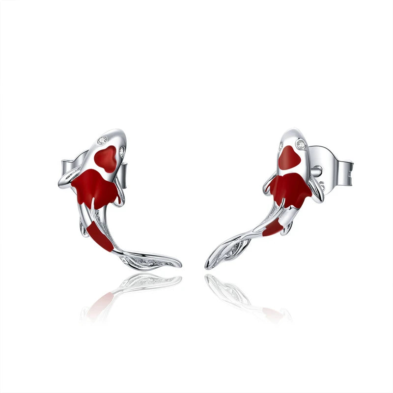 Guardian lucky fish stud earrings in 925 sterling silver with red enamel, butterfly backs, displayed on a white background — OmniVivo
