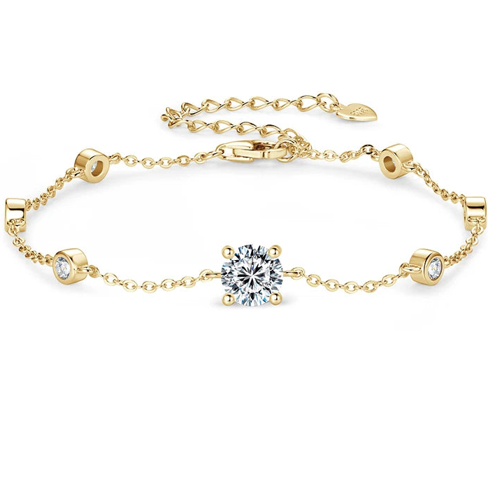 Gold-tone 925 sterling silver moissanite bracelet with 6.5 mm center stone and 2.5 mm side stones, adjustable extender chain on a white background — OmniVivo