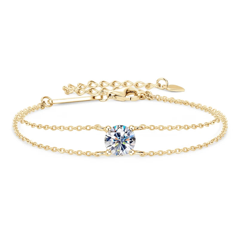 Gold-tone 925 sterling silver moissanite bracelet with double chain and 6.5 mm round center stone, adjustable extender to 21.5 cm — D–E color VVS1, OmniVivo