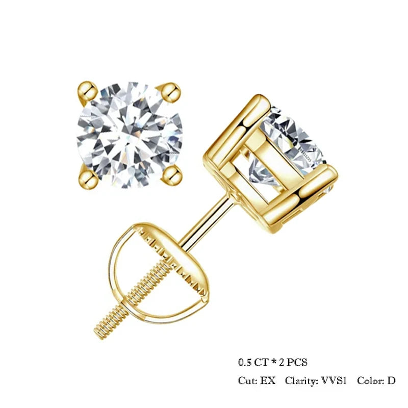 Technical diagram of 0.5–1 ct D-Color VVS1 moissanite stud earrings in 925 sterling silver screw-back setting, showing detailed size measurements and comparison with US quarter coin — OmniVivo