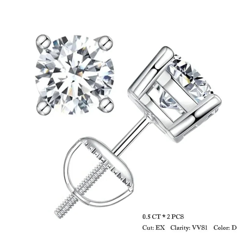 Front and side view of 0.5–1 ct D-Color VVS1 moissanite stud earrings in 925 sterling silver with screw backs, white background — OmniVivo