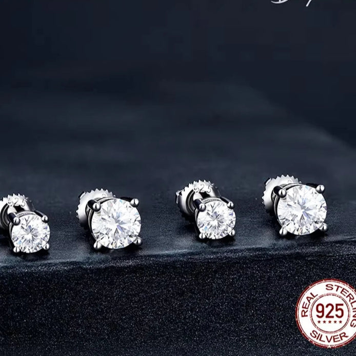 Set of 0.5–1 ct D-Color VVS1 moissanite stud earrings in 925 sterling silver with screw backs, white-gold finish, multiple size options, displayed on dark background — OmniVivo