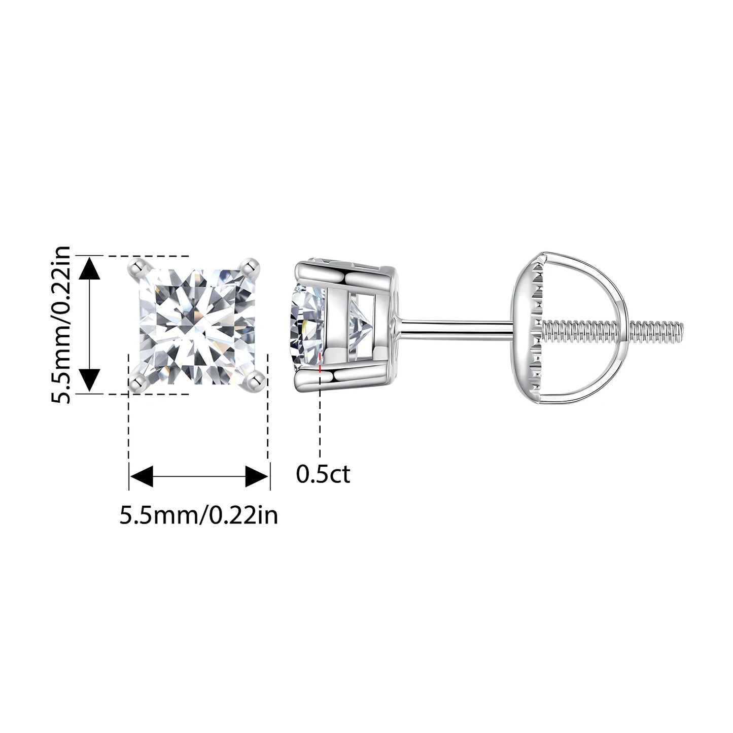 Technical diagram showing 0.5 ct D-Color VVS1 moissanite stud earring dimensions (5.5 mm) in 925 sterling silver screw-back setting — OmniVivo