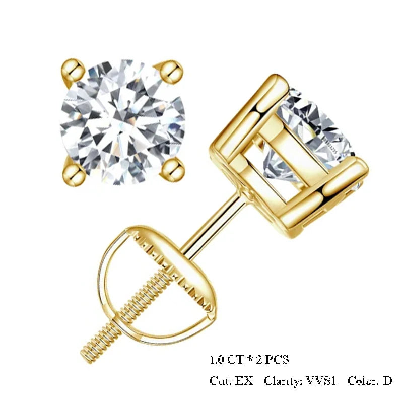 Pair of 1 ct D-Color VVS1 moissanite stud earrings in 925 sterling silver, gold-plated screw-back setting, excellent cut, front and side view on white background — OmniVivo