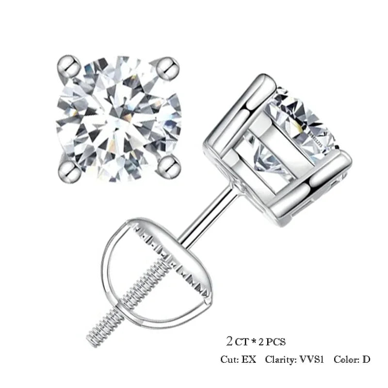 Pair of 2 ct D-Color VVS1 moissanite stud earrings in 925 sterling silver with screw backs, excellent cut, front and side view on white background — OmniVivo