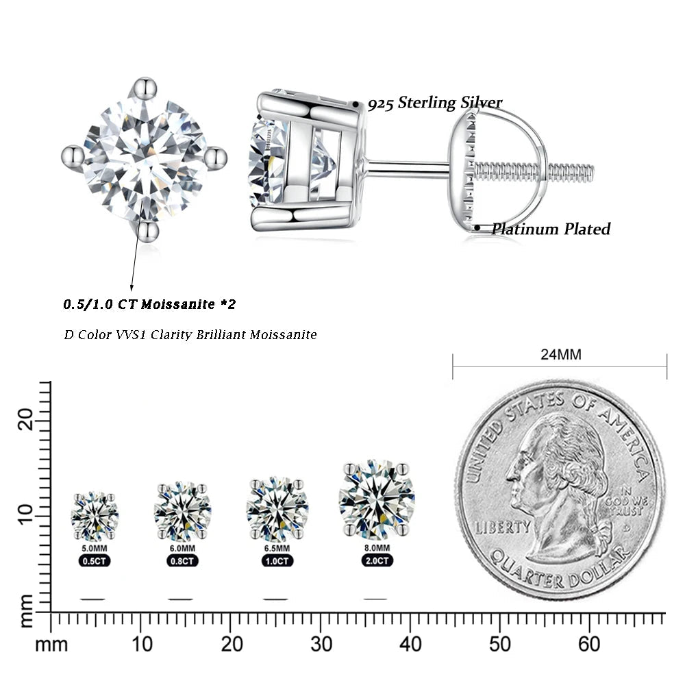 Size chart and dimensions for 0.5–1 ct D-Color VVS1 moissanite stud earrings — 925 sterling silver screw-back setting with mm scale and 24 mm coin comparison — OmniVivo