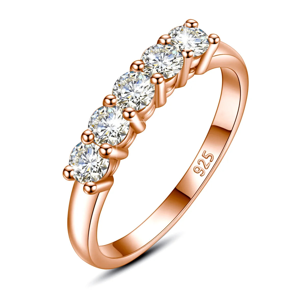5-stone moissanite eternity ring in 925 sterling silver with rose gold plating, D color VVS1 stones on white background — OmniVivo
