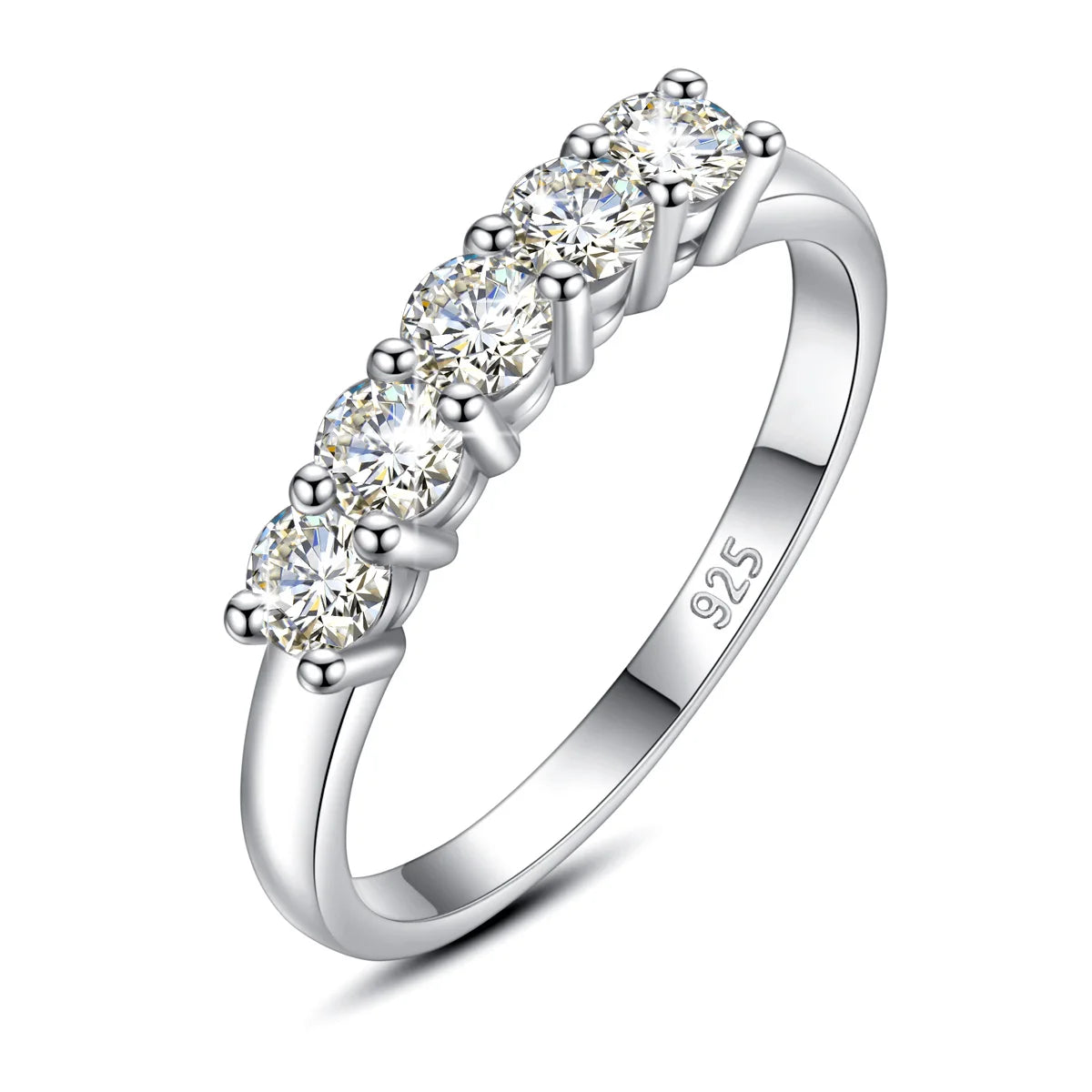 5-stone moissanite eternity ring in 925 sterling silver with white gold finish, round brilliant D color VVS1 stones on white background — OmniVivo
