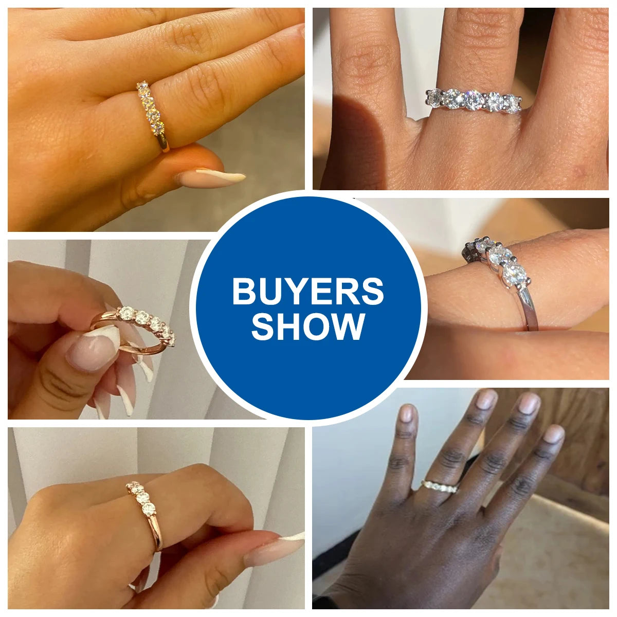 Buyers show of 5-stone moissanite eternity ring worn on hand, 925 sterling silver with rose gold plating, D color VVS1 stones — OmniVivo
