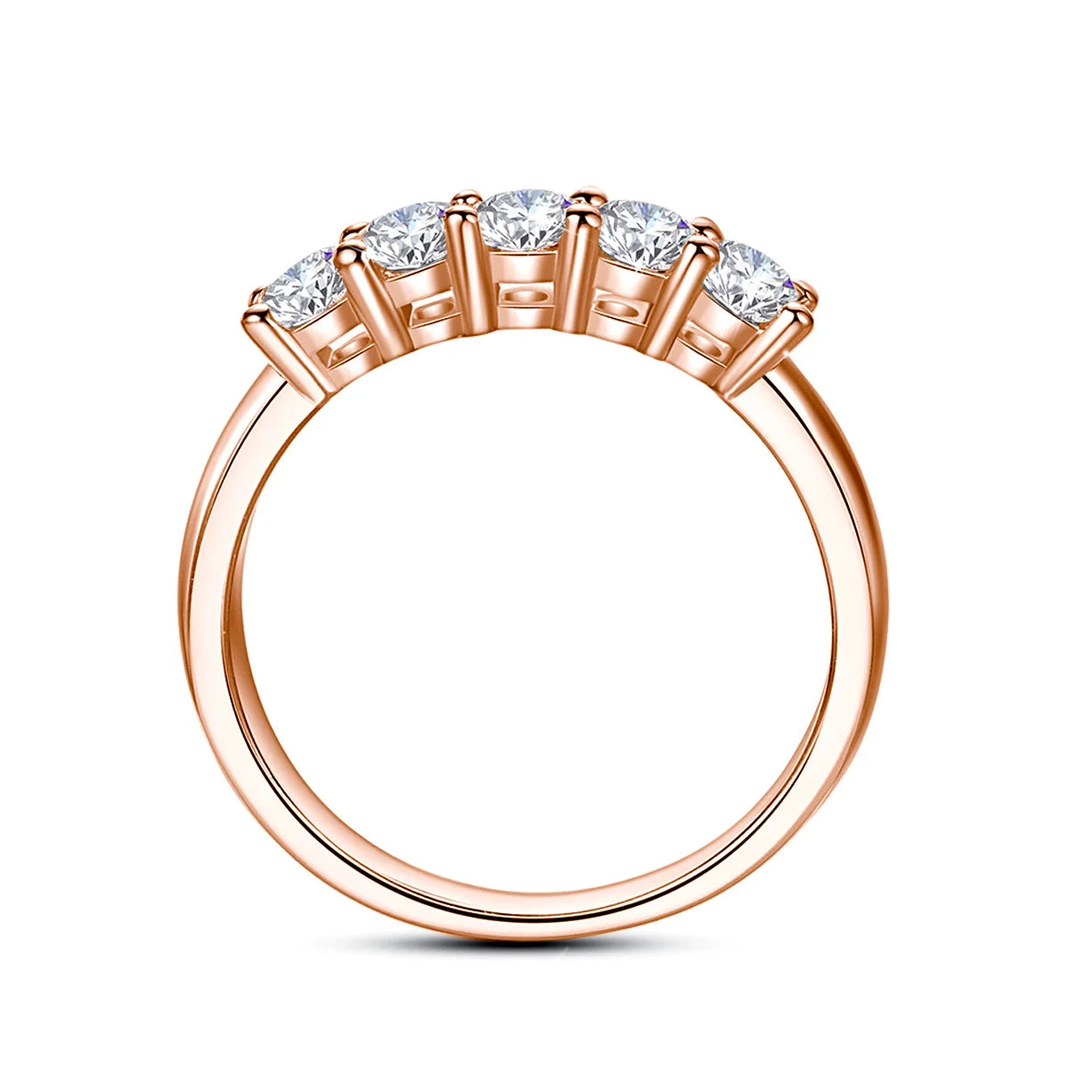 Side view of 5-stone moissanite eternity ring showing prong setting in 925 sterling silver with rose gold plating — OmniVivo
