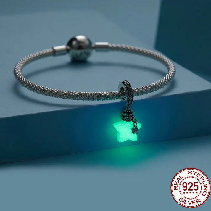 Set of 925 sterling silver glow-in-the-dark pendant charms – shell, moon with cat, and star design – with zircon accents
