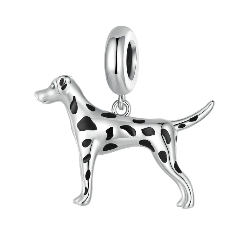 925 sterling silver dalmatian dog charm bead with black spot details on a white background.