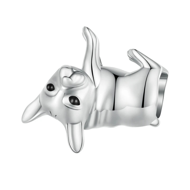 925 sterling silver dog charm bead in a playful rolling pose with black enamel eyes on a white background.