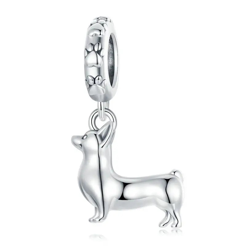 925 sterling silver dog charm bead with standing dog silhouette, photographed on a white background.